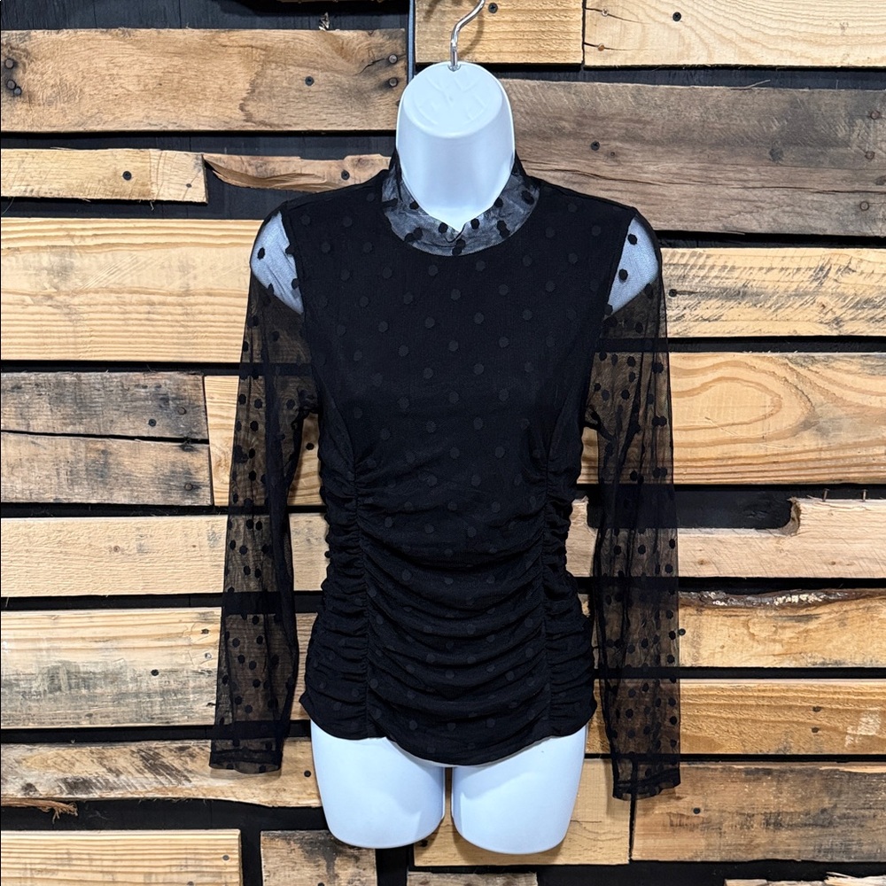 Evereve black mesh long-sleeve blouse with a mock neck and ruched front detail S